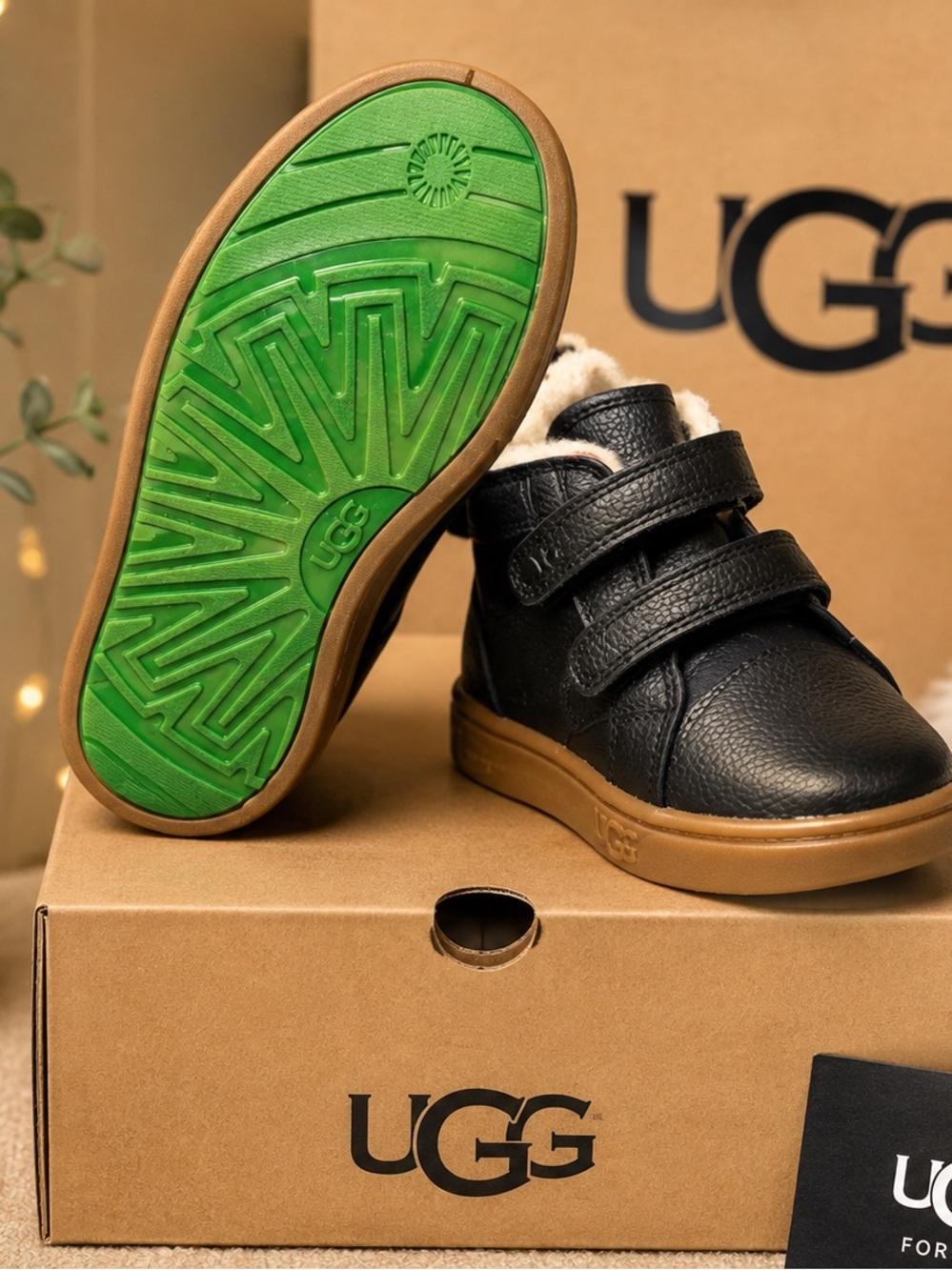 UGG Kids Black Leather Shearling-Lined Velcro Boots with Green Sole